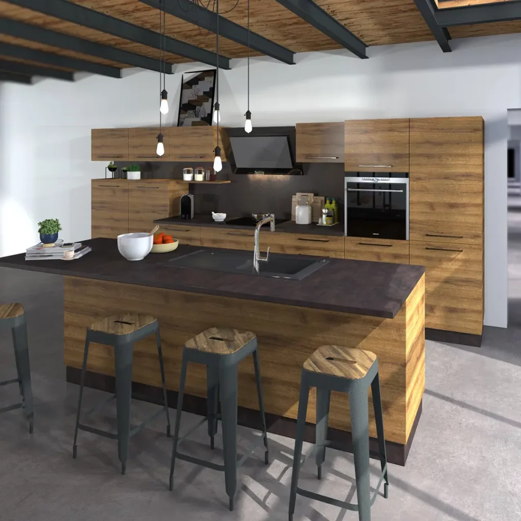 Visualisation 3D d’un projet de rénovation de cuisine avec implantation des meubles et plans détaillés, conçue par le maître d’œuvre John Furiga en Alsace.