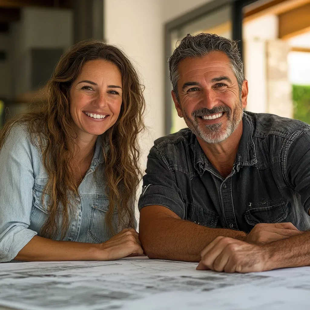 Couple serein découvrant le plan de rénovation de leur maison présenté par John Furiga, maître d’œuvre à Schirmeck.