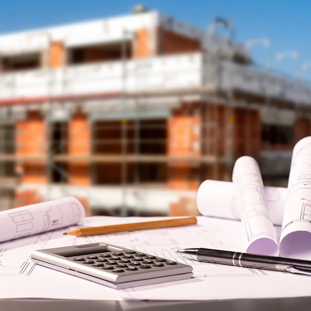 Calculatrice posée sur un plan de maison, illustrant l’estimation budgétaire d’un chantier de construction ou de rénovation